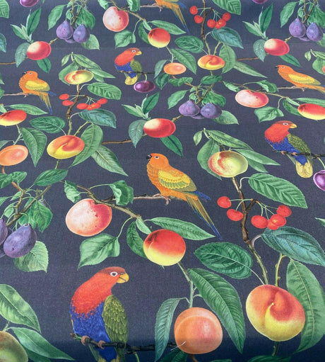Parrots Macaw Bird Fruits Noir Cotton Fabric - Green Leaves, Blue Red And Orange Birds, 54" Width, 25" Horizontal Repeat, 24" Vertical Repeat (1 Yard)