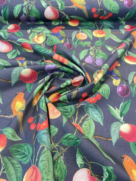Parrots Macaw Bird Fruits Noir Cotton Fabric - Green Leaves, Blue Red And Orange Birds, 54" Width, 25" Horizontal Repeat, 24" Vertical Repeat (1 Yard)