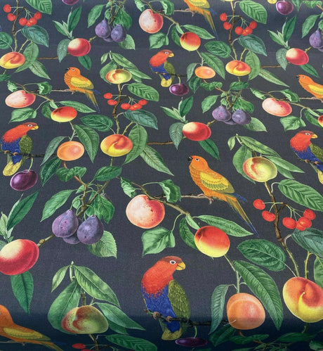 Parrots Macaw Bird Fruits Noir Cotton Fabric - Green Leaves, Blue Red And Orange Birds, 54" Width, 25" Horizontal Repeat, 24" Vertical Repeat (1 Yard)