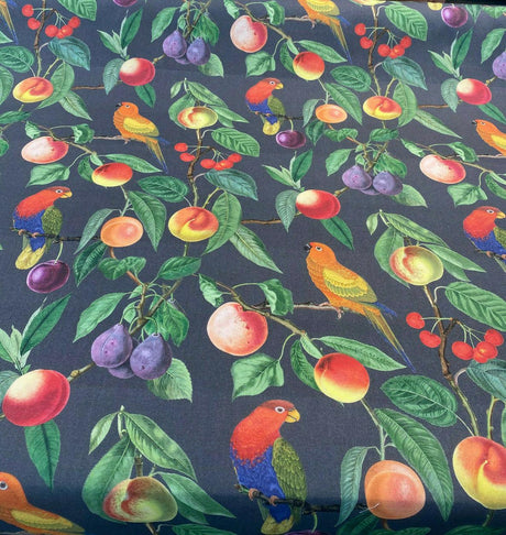 Parrots Macaw Bird Fruits Noir Cotton Fabric - Green Leaves, Blue Red And Orange Birds, 54" Width, 25" Horizontal Repeat, 24" Vertical Repeat (1 Yard)