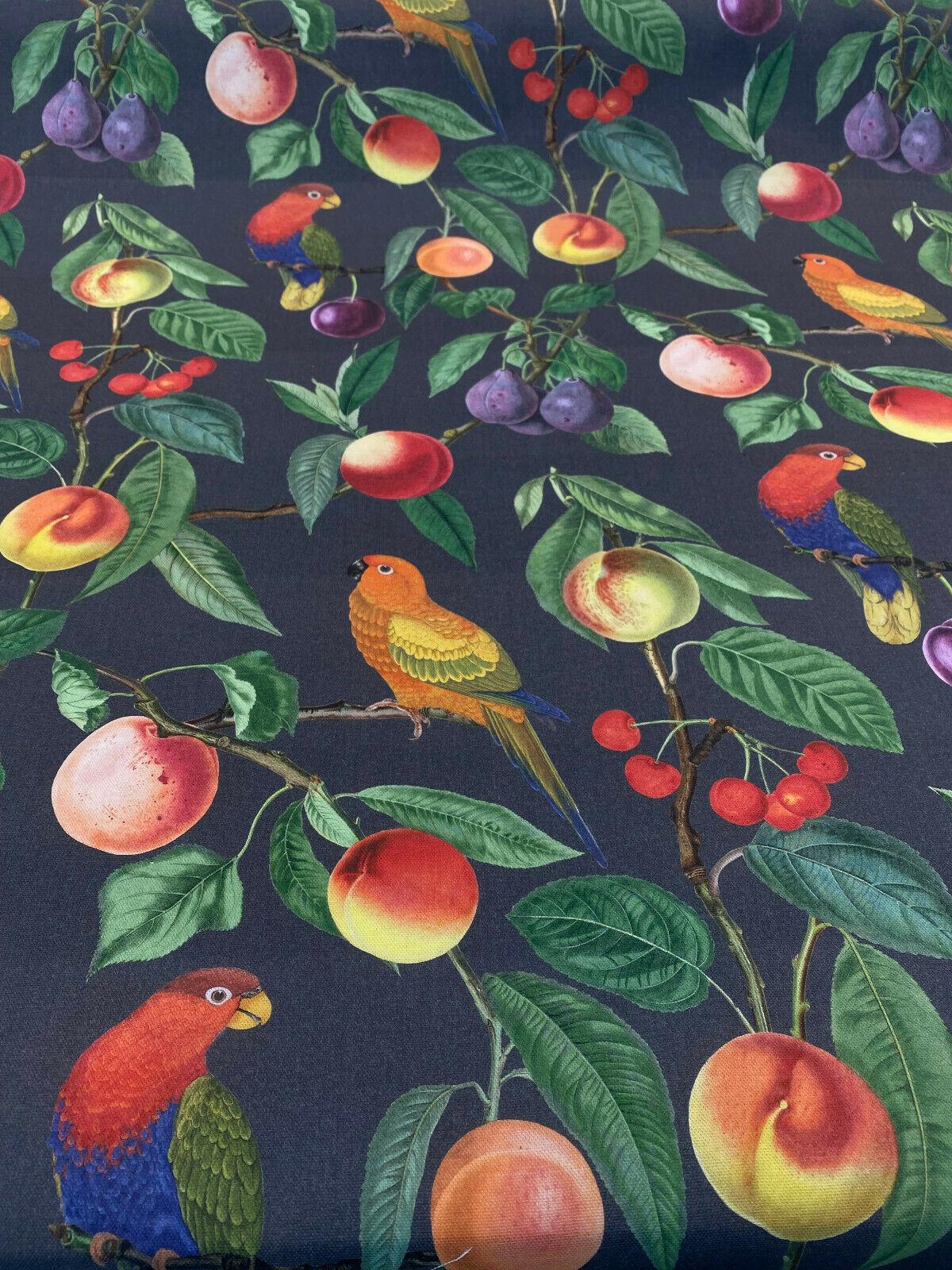 Parrots Macaw Bird Fruits Noir Cotton Fabric - Green Leaves, Blue Red And Orange Birds, 54" Width, 25" Horizontal Repeat, 24" Vertical Repeat (1 Yard)