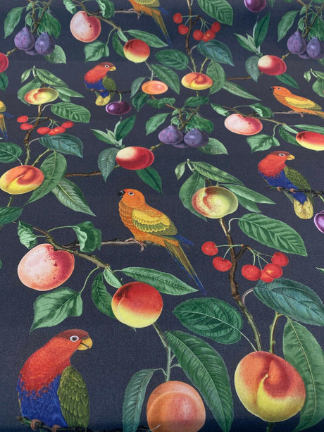 Parrots Macaw Bird Fruits Noir Cotton Fabric - Green Leaves, Blue Red And Orange Birds, 54" Width, 25" Horizontal Repeat, 24" Vertical Repeat (1 Yard)