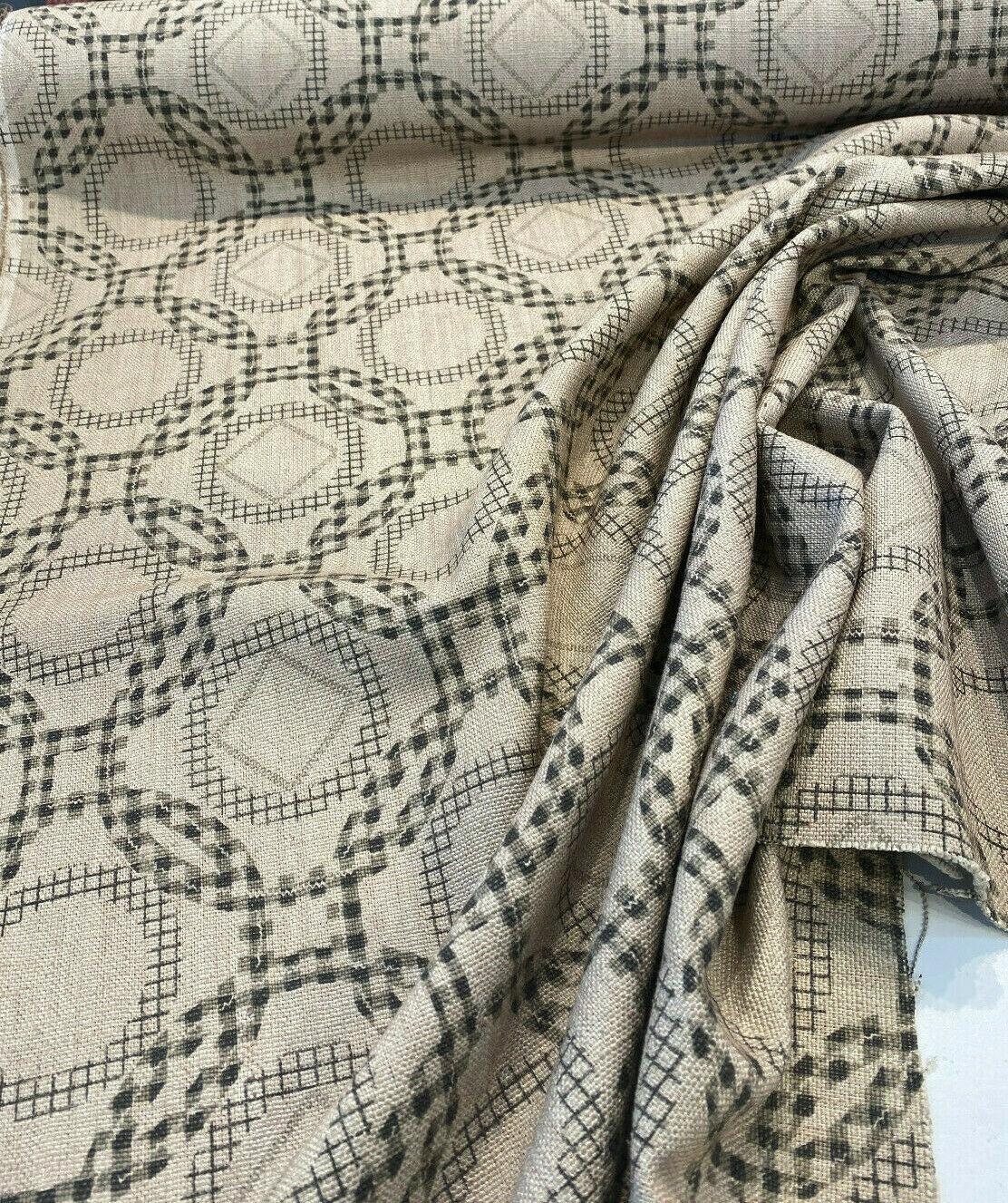 Check Around Graphite Linen Fabric - Graphite Check Pattern, 54" Width (1 Yard)