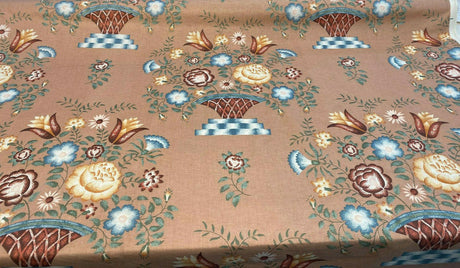 American Folk Art Floral Vingate Cotton Fabric - Pale Pink, Yellow And Blue Floral Print, 56" Width (1 Yard)