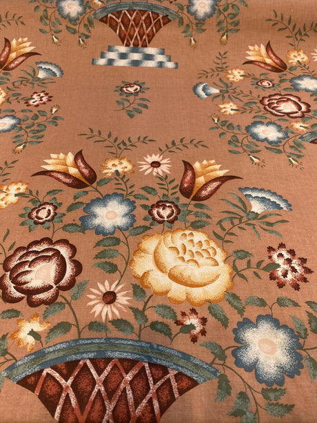 American Folk Art Floral Vingate Cotton Fabric - Pale Pink, Yellow And Blue Floral Print, 56" Width (1 Yard)