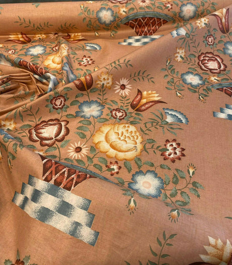 American Folk Art Floral Vingate Cotton Fabric - Pale Pink, Yellow And Blue Floral Print, 56" Width (1 Yard)