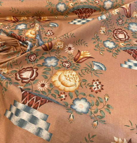 American Folk Art Floral Vingate Cotton Fabric - Pale Pink, Yellow And Blue Floral Print, 56" Width (1 Yard)