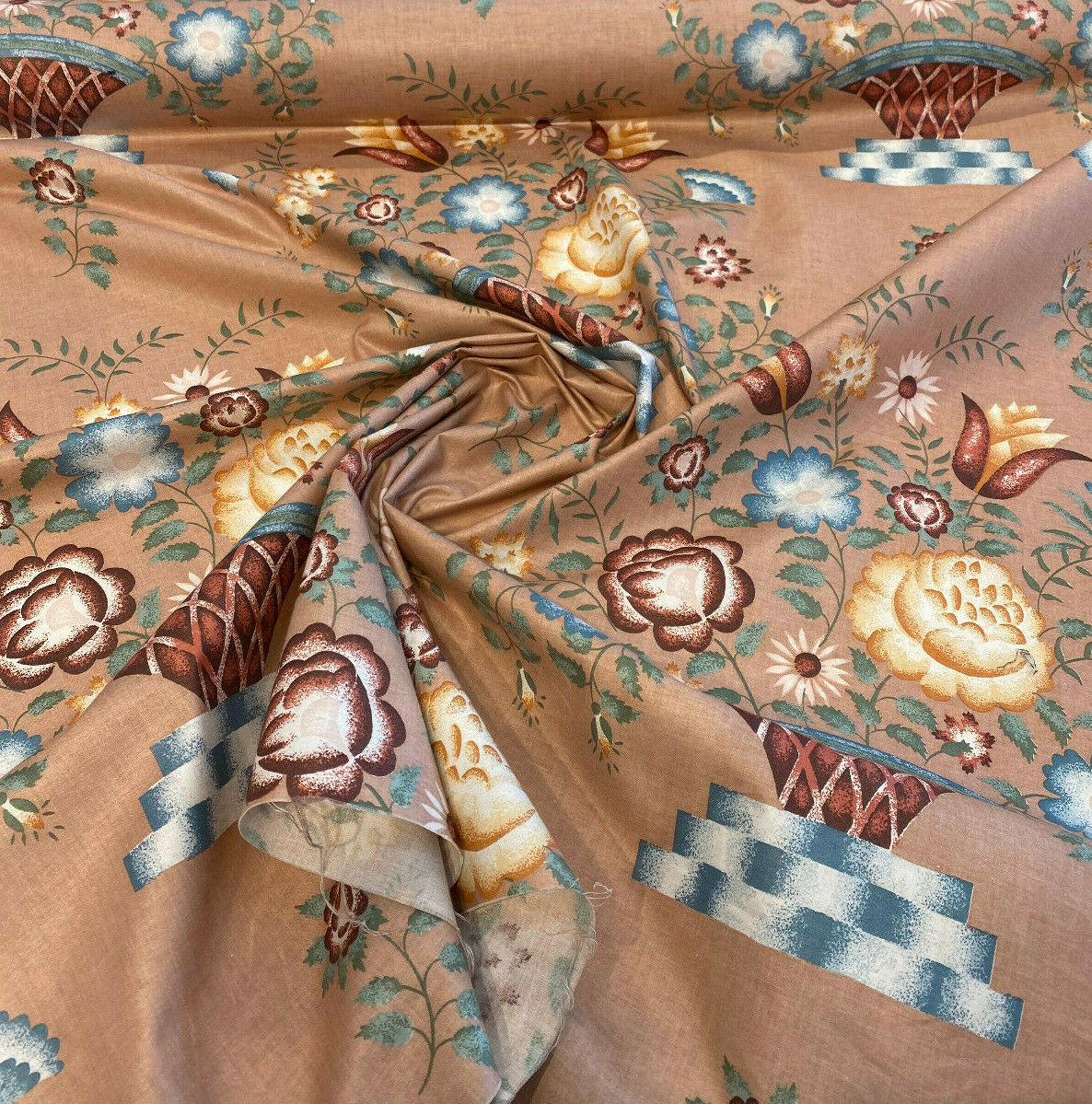 American Folk Art Floral Vingate Cotton Fabric - Pale Pink, Yellow And Blue Floral Print, 56" Width (1 Yard)