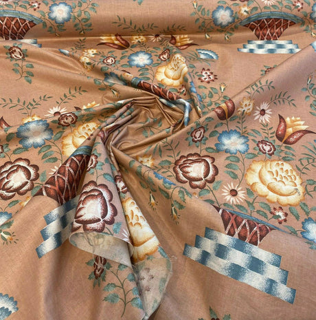 American Folk Art Floral Vingate Cotton Fabric - Pale Pink, Yellow And Blue Floral Print, 56" Width (1 Yard)