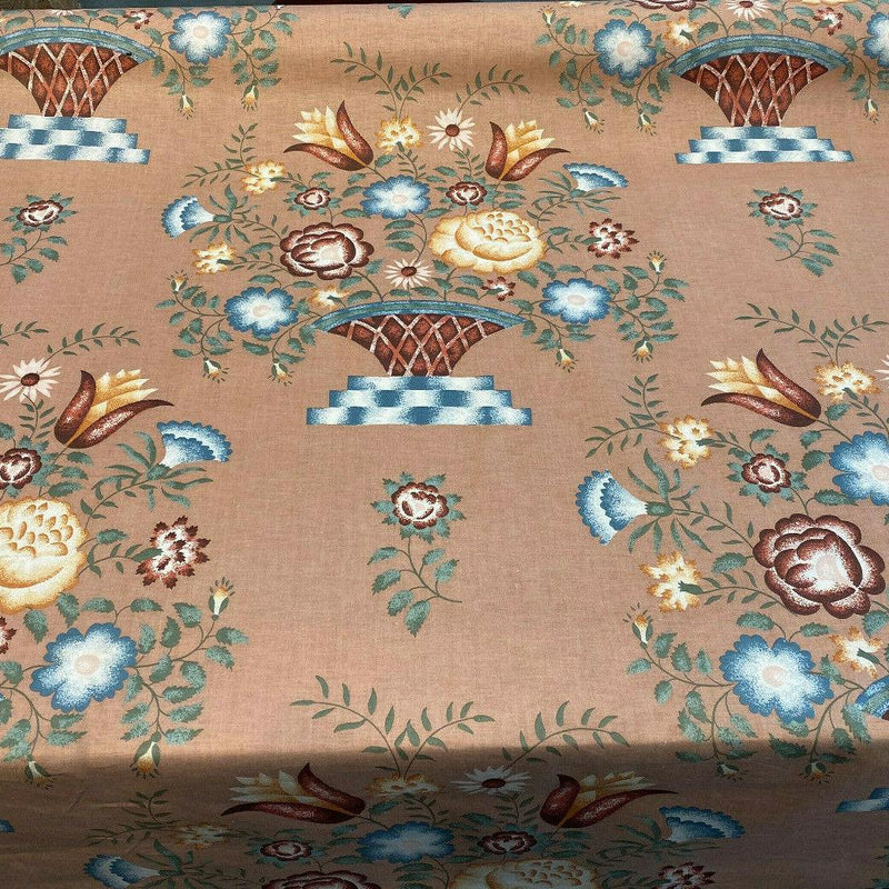 American Folk Art Floral Vingate Cotton Fabric - Pale Pink, Yellow And Blue Floral Print, 56" Width (1 Yard)