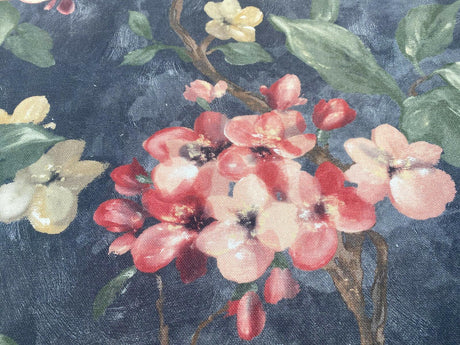 Floral Ada Tint Pink Cotton Canvas Fabric - Noir Black Background, Antique Gold, Tinted Pink Red Flowers, Green Branches, Brown Trees, 54" Width (1 Yard)