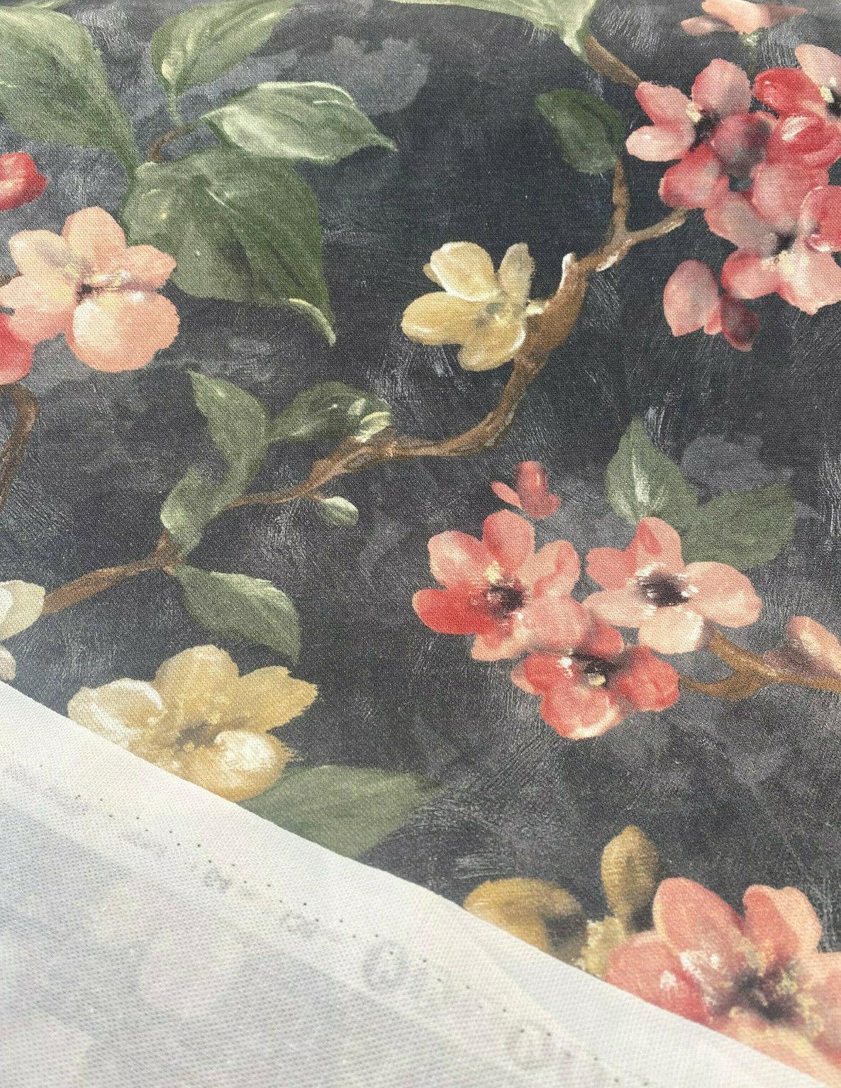 Floral Ada Tint Pink Cotton Canvas Fabric - Noir Black Background, Antique Gold, Tinted Pink Red Flowers, Green Branches, Brown Trees, 54" Width (1 Yard)