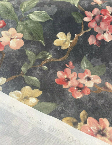 Floral Ada Tint Pink Cotton Canvas Fabric - Noir Black Background, Antique Gold, Tinted Pink Red Flowers, Green Branches, Brown Trees, 54" Width (1 Yard)