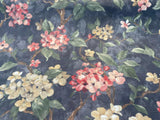 Floral Ada Tint Pink Cotton Canvas Fabric - Noir Black Background, Antique Gold, Tinted Pink Red Flowers, Green Branches, Brown Trees, 54" Width (1 Yard)