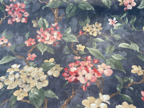 Floral Ada Tint Pink Cotton Canvas Fabric - Noir Black Background, Antique Gold, Tinted Pink Red Flowers, Green Branches, Brown Trees, 54" Width (1 Yard)