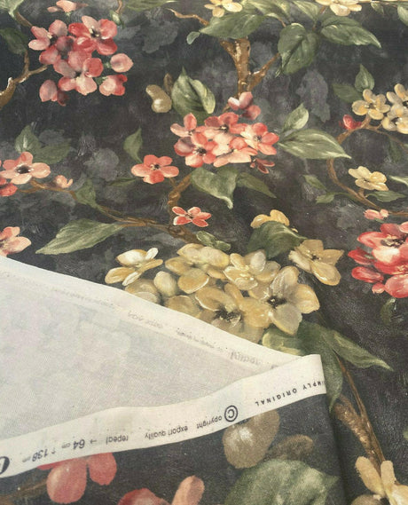 Floral Ada Tint Pink Cotton Canvas Fabric - Noir Black Background, Antique Gold, Tinted Pink Red Flowers, Green Branches, Brown Trees, 54" Width (1 Yard)