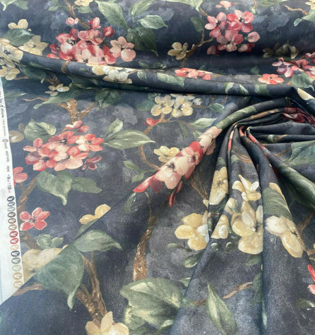 Floral Ada Tint Pink Cotton Canvas Fabric - Noir Black Background, Antique Gold, Tinted Pink Red Flowers, Green Branches, Brown Trees, 54" Width (1 Yard)