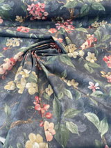 Floral Ada Tint Pink Cotton Canvas Fabric - Noir Black Background, Antique Gold, Tinted Pink Red Flowers, Green Branches, Brown Trees, 54" Width (1 Yard)