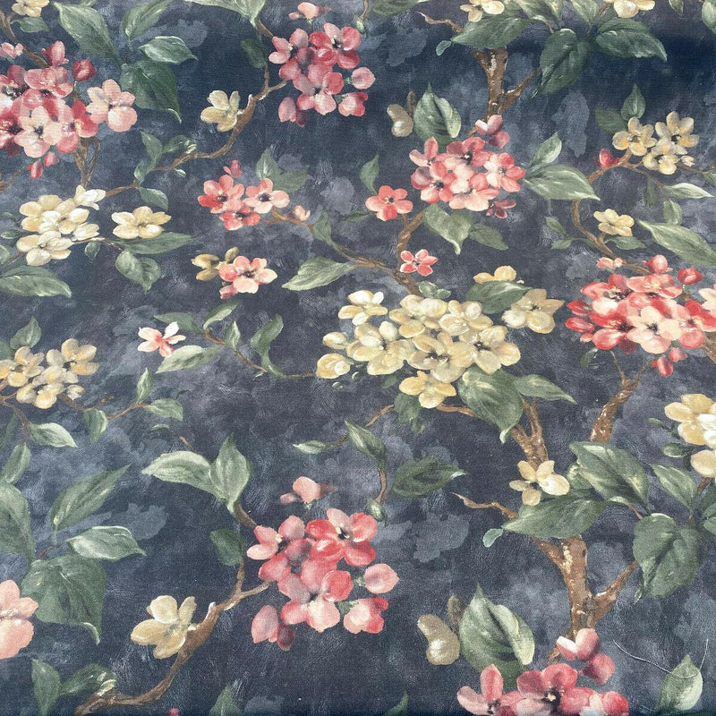 Floral Ada Tint Pink Cotton Canvas Fabric - Noir Black Background, Antique Gold, Tinted Pink Red Flowers, Green Branches, Brown Trees, 54" Width (1 Yard)