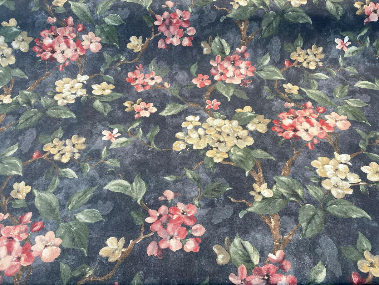 Floral Ada Tint Pink Cotton Canvas Fabric - Noir Black Background, Antique Gold, Tinted Pink Red Flowers, Green Branches, Brown Trees, 54" Width (1 Yard)