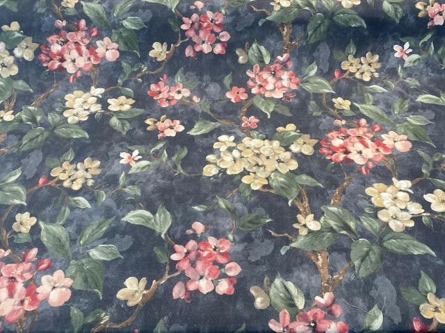 Floral Ada Tint Pink Cotton Canvas Fabric - Noir Black Background, Antique Gold, Tinted Pink Red Flowers, Green Branches, Brown Trees, 54" Width (1 Yard)