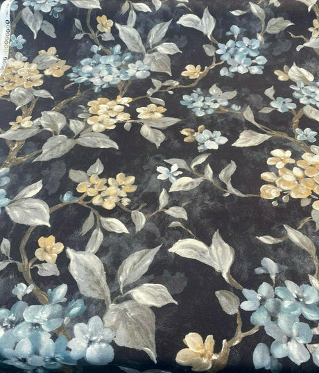 Floral Ada Blue Breeze Cotton Canvas Fabric - Noir Black Background, Antique Gold And Blue Flowers, 54" Width, 23" Vertical Repeat (1 Yard)
