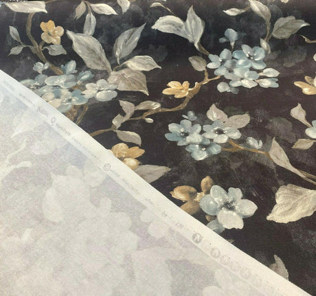 Floral Ada Blue Breeze Cotton Canvas Fabric - Noir Black Background, Antique Gold And Blue Flowers, 54" Width, 23" Vertical Repeat (1 Yard)