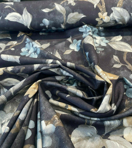 Floral Ada Blue Breeze Cotton Canvas Fabric - Noir Black Background, Antique Gold And Blue Flowers, 54" Width, 23" Vertical Repeat (1 Yard)