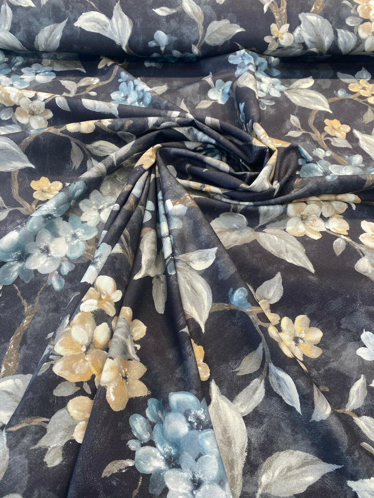 Floral Ada Blue Breeze Cotton Canvas Fabric - Noir Black Background, Antique Gold And Blue Flowers, 54" Width, 23" Vertical Repeat (1 Yard)