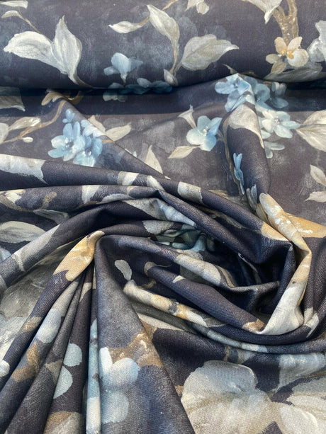Floral Ada Blue Breeze Cotton Canvas Fabric - Noir Black Background, Antique Gold And Blue Flowers, 54" Width, 23" Vertical Repeat (1 Yard)