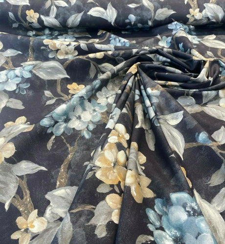 Floral Ada Blue Breeze Cotton Canvas Fabric - Noir Black Background, Antique Gold And Blue Flowers, 54" Width, 23" Vertical Repeat (1 Yard)