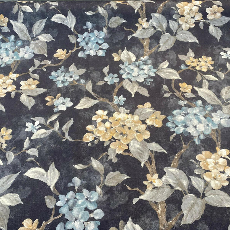 Floral Ada Blue Breeze Cotton Canvas Fabric - Noir Black Background, Antique Gold And Blue Flowers, 54" Width, 23" Vertical Repeat (1 Yard)