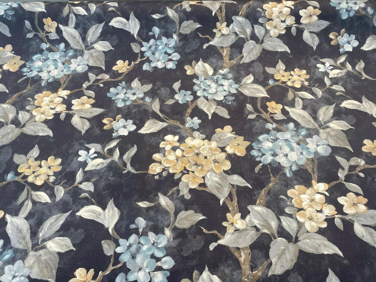 Floral Ada Blue Breeze Cotton Canvas Fabric - Noir Black Background, Antique Gold And Blue Flowers, 54" Width, 23" Vertical Repeat (1 Yard)
