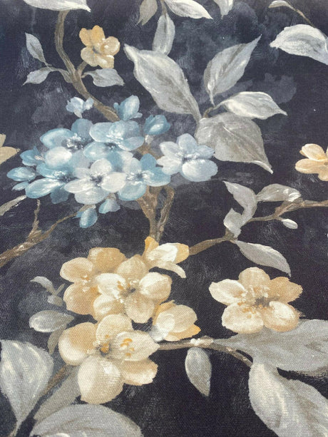 Floral Ada Blue Breeze Cotton Canvas Fabric - Noir Black Background, Antique Gold And Blue Flowers, 54" Width, 23" Vertical Repeat (1 Yard)