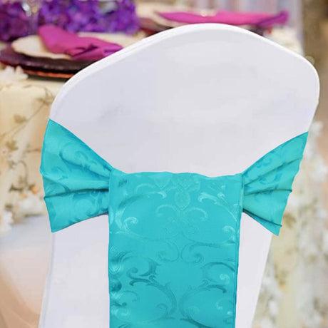 10 Pieces Turquoise Versailles Damask Chair Sashes 7.5"x108" Elegant Jacquard Polyester