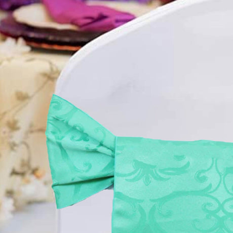 10 Pieces Tiff Blue or Aqua Blue Damask Chair Sashes 7.5"x108" Jacquard Polyester Versailles Design