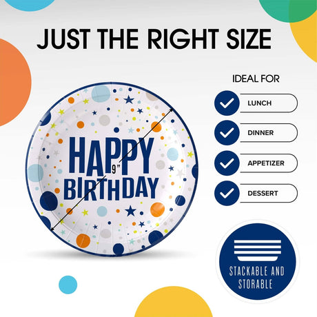 50 Count Blue Birthday Print Paper Plates 9 Inch – Stylish Disposable Party Supplies