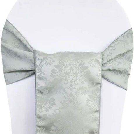 10 Pieces Silver Marquis Damask Jacquard Chair Sashes, 7.5"x108" Elegant Wedding & Event Decor