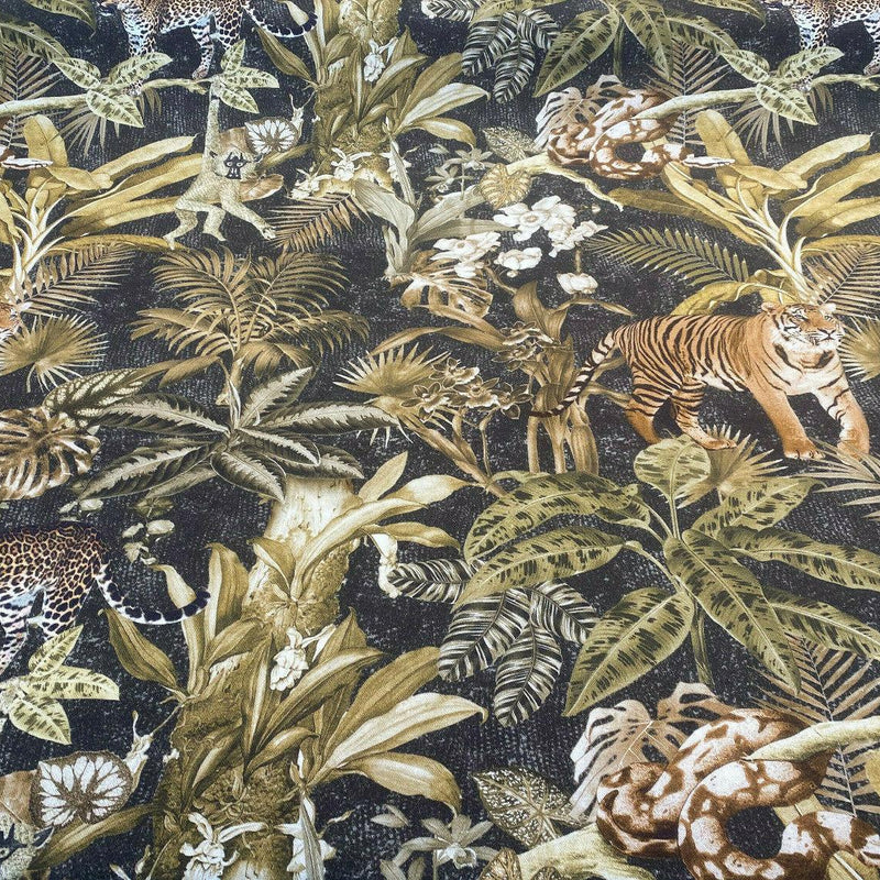Serengeti Jungle Tiger Leopard Cotton Fabric - Green Moss Brown Black Animal Print, 54" Width, 26" Horizontal Repeat, 26" Vertical Repeat (1 Yard)