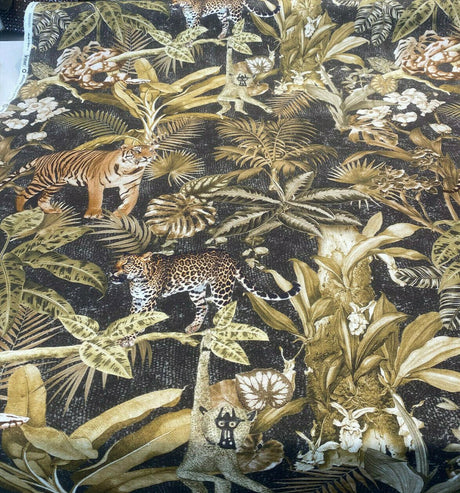 Serengeti Jungle Tiger Leopard Cotton Fabric - Green Moss Brown Black Animal Print, 54" Width, 26" Horizontal Repeat, 26" Vertical Repeat (1 Yard)