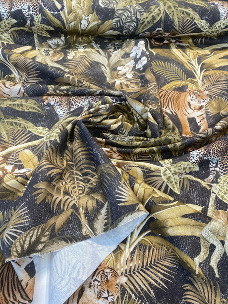 Serengeti Jungle Tiger Leopard Cotton Fabric - Green Moss Brown Black Animal Print, 54" Width, 26" Horizontal Repeat, 26" Vertical Repeat (1 Yard)