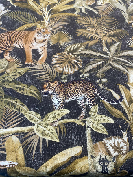 Serengeti Jungle Tiger Leopard Cotton Fabric - Green Moss Brown Black Animal Print, 54" Width, 26" Horizontal Repeat, 26" Vertical Repeat (1 Yard)