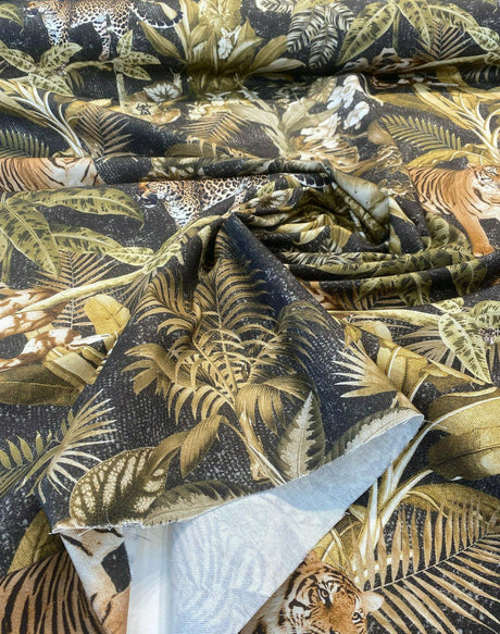 Serengeti Jungle Tiger Leopard Cotton Fabric - Green Moss Brown Black Animal Print, 54" Width, 26" Horizontal Repeat, 26" Vertical Repeat (1 Yard)