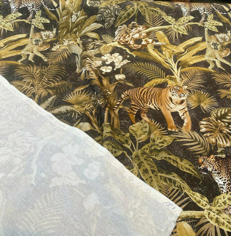 Serengeti Jungle Tiger Leopard Cotton Fabric - Green Moss Brown Black Animal Print, 54" Width, 26" Horizontal Repeat, 26" Vertical Repeat (1 Yard)
