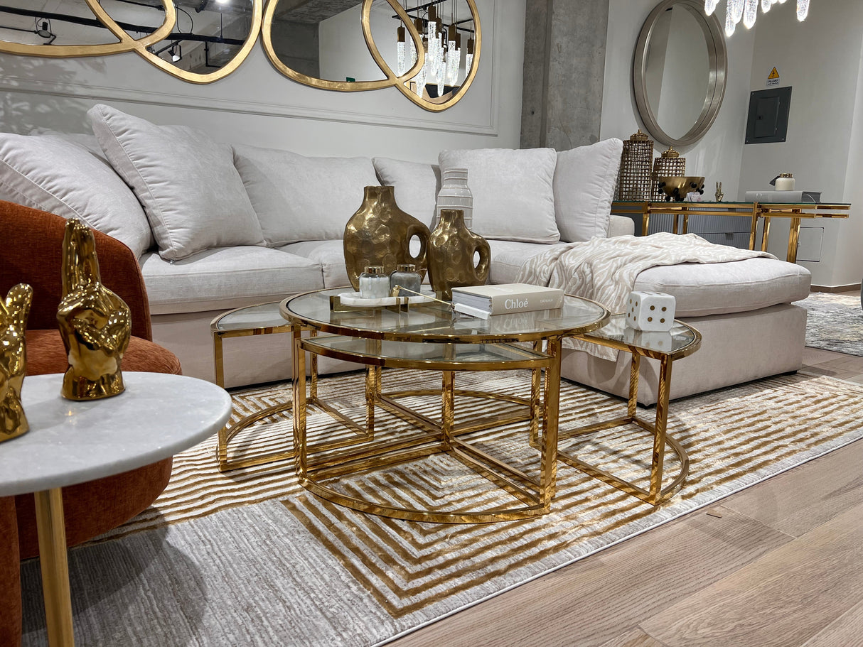 METZ 4207 Polyester Viscose Fabric - Abstract Crème Beige, Gold Bronze Geometrical Double Stacked Square High-Low Design, 9' 8" X 13' (1 Unit)