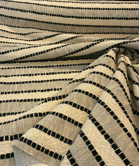 Inca Trail Domino Black Cotton Fabric - Black Ivory Cream Textured Stripe, Chevron, 54" Width (1 Yard)