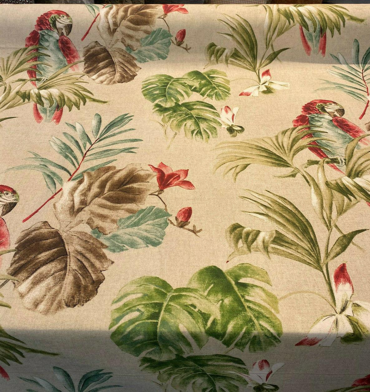 Lorraine Scarlet Macaw Birds Cotton Fabric - Red Green Macaw Parrot With Green Brown And Teal Flowers, 54" Width (1 Yard)