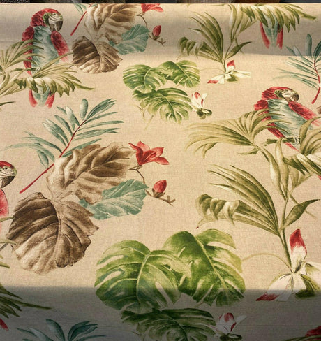 Lorraine Scarlet Macaw Birds Cotton Fabric - Red Green Macaw Parrot With Green Brown And Teal Flowers, 54" Width (1 Yard)