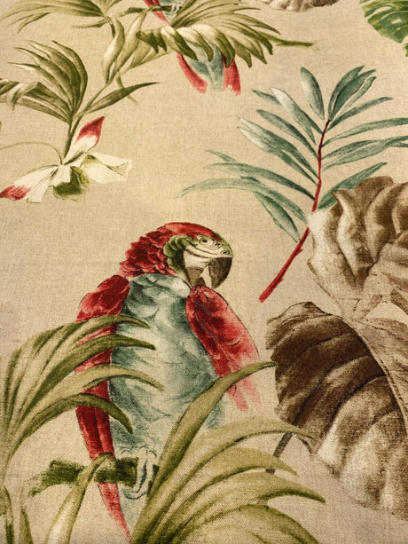 Lorraine Scarlet Macaw Birds Cotton Fabric - Red Green Macaw Parrot With Green Brown And Teal Flowers, 54" Width (1 Yard)