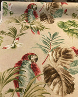 Lorraine Scarlet Macaw Birds Cotton Fabric - Red Green Macaw Parrot With Green Brown And Teal Flowers, 54" Width (1 Yard)